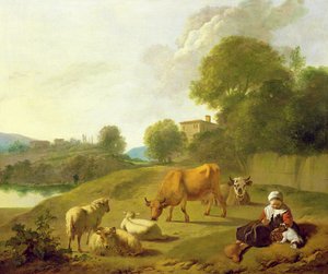 Paysage fluvial avec du bétail, des moutons et une jeune fille jouant avec un chien